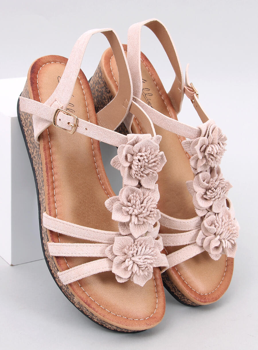 Woman Beige Floral Sandals with Cork Wedge