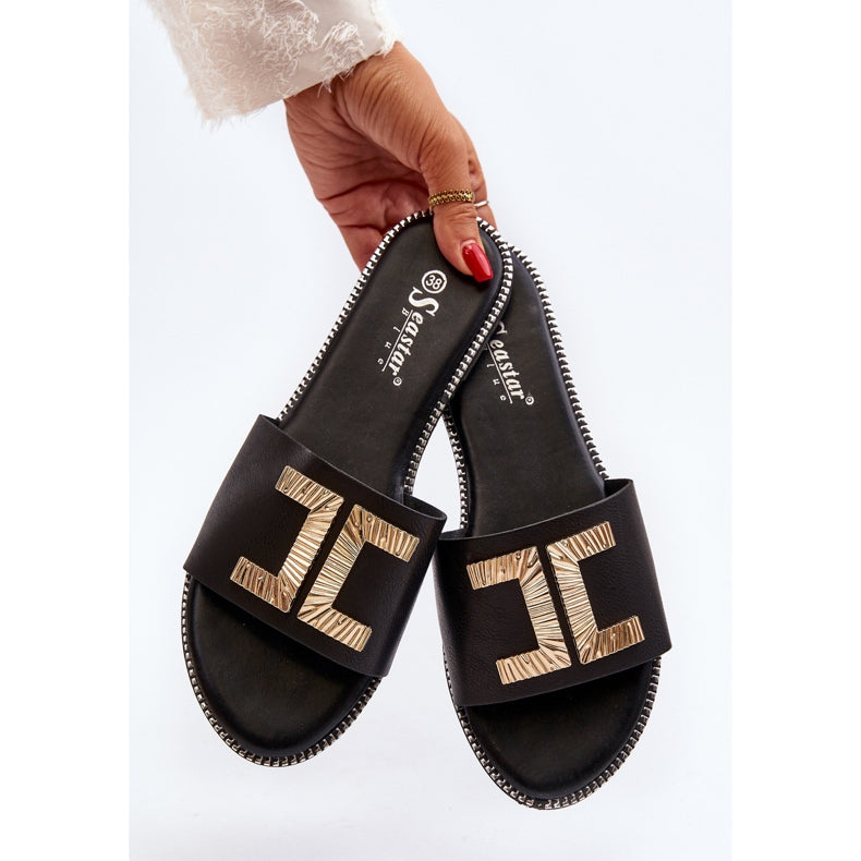 Black Flat Sandal for Woman with Chic Gold Decoration