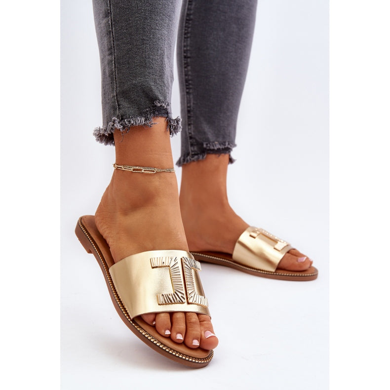 Woman Gold Flat Sandals with Chic Gold Decoration