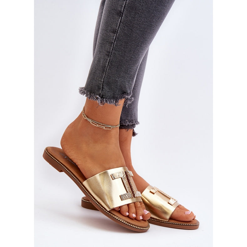 Woman Gold Flat Sandals with Chic Gold Decoration