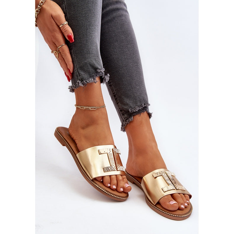 Woman Gold Flat Sandals with Chic Gold Decoration
