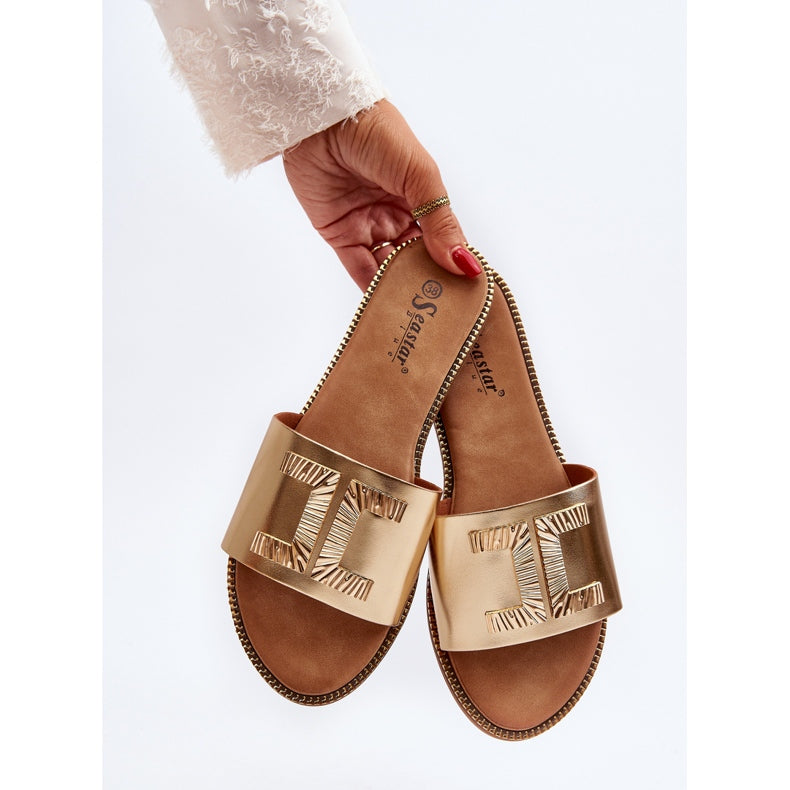 Woman Gold Flat Sandals with Chic Gold Decoration