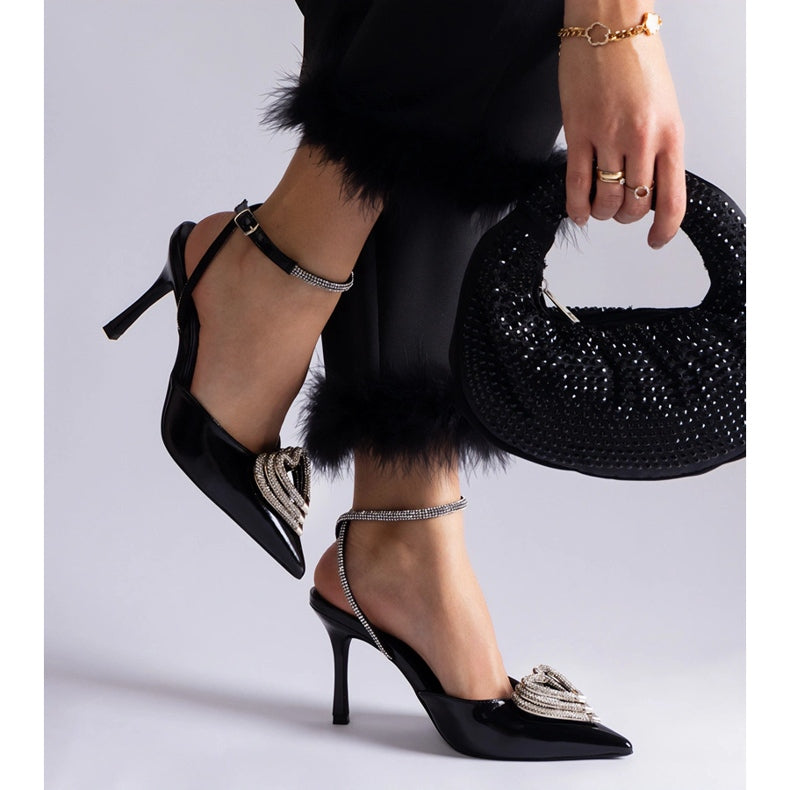 Black High Heels Diamante Heart