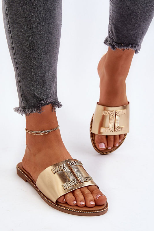 Woman Gold Flat Sandals with Chic Gold Decoration