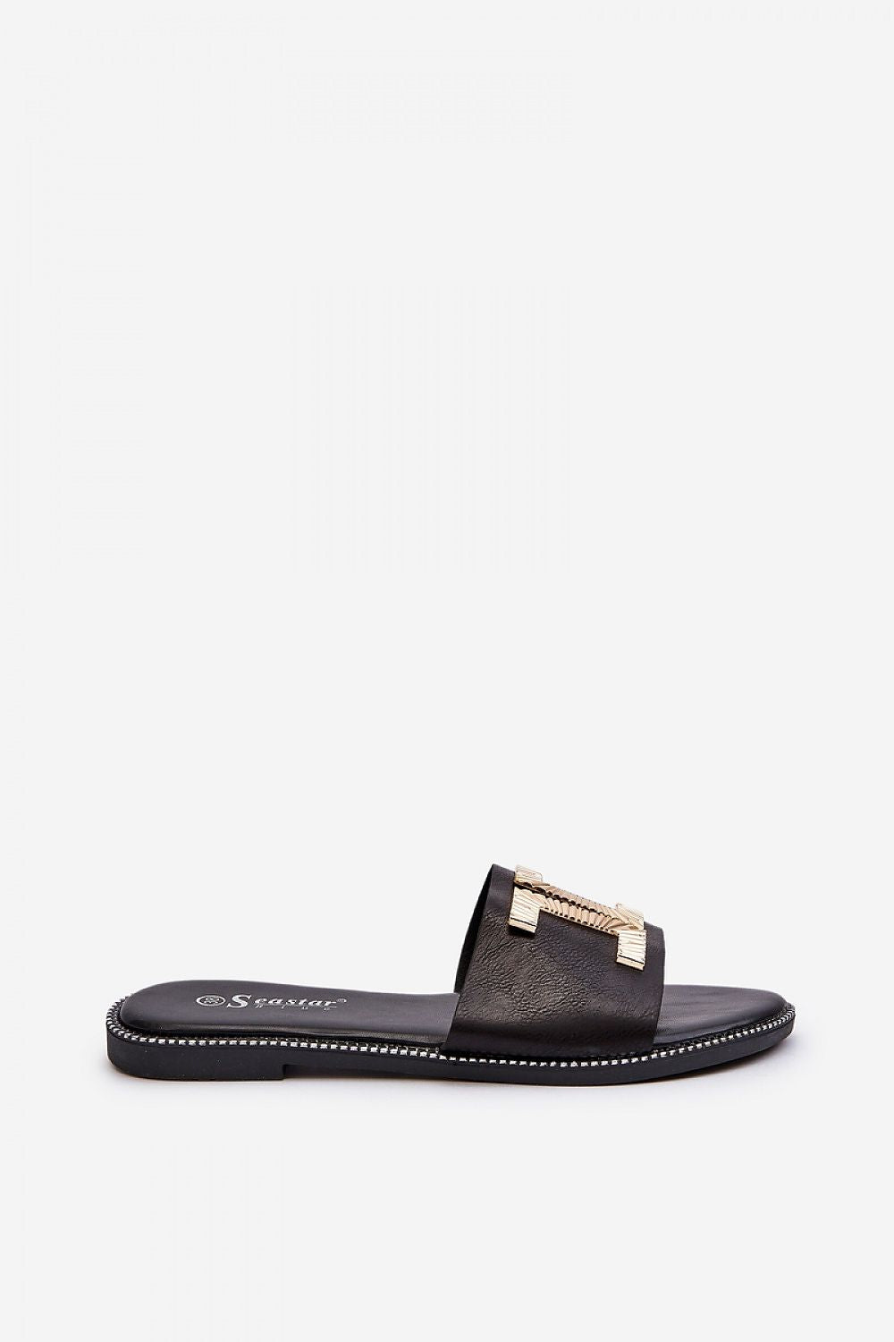 Black Flat Sandal for Woman with Chic Gold Decoration