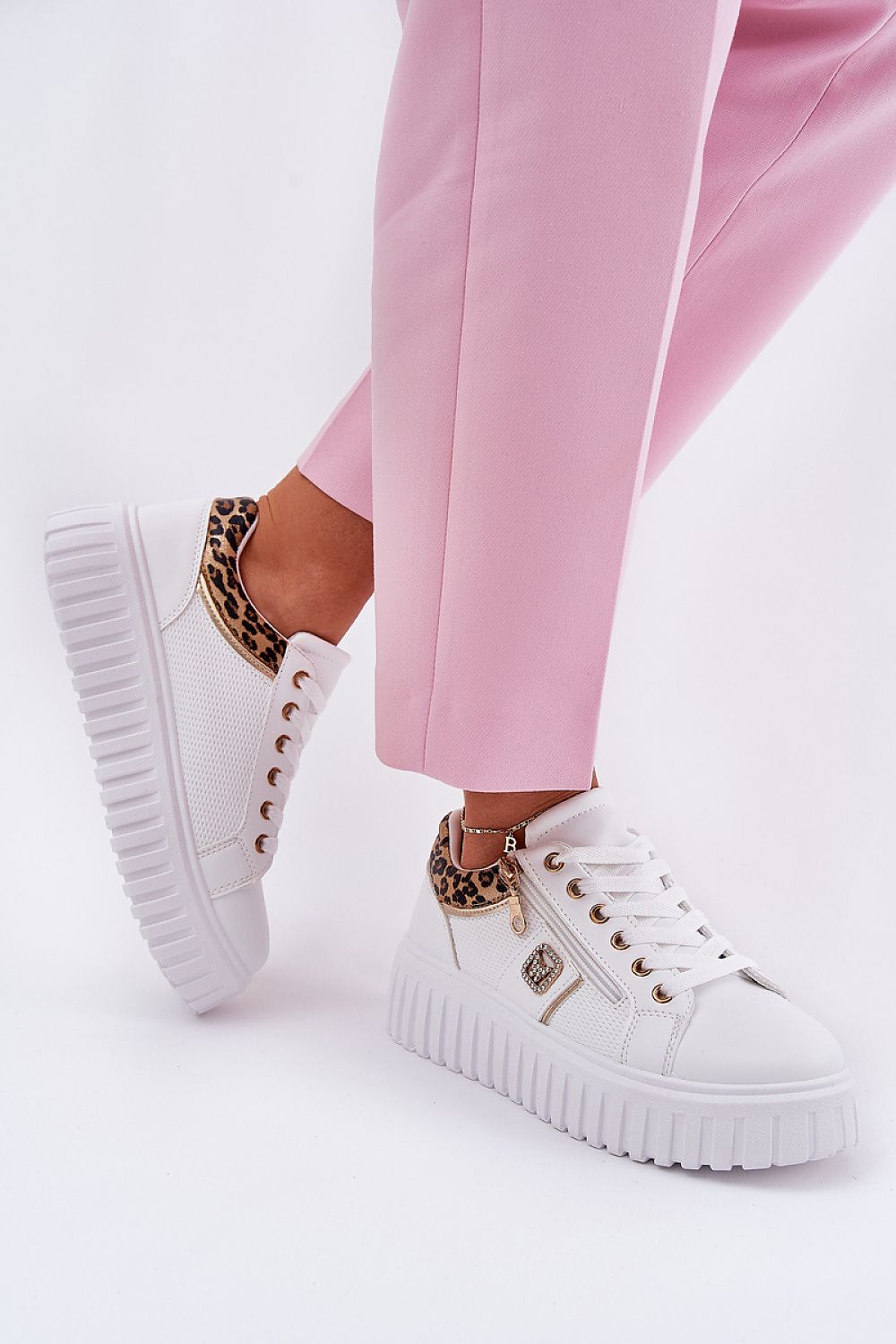 NEW Stylish White Trainers Leopard Print