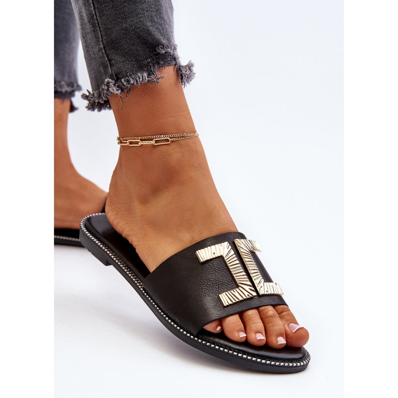 Black Flat Sandal for Woman with Chic Gold Decoration