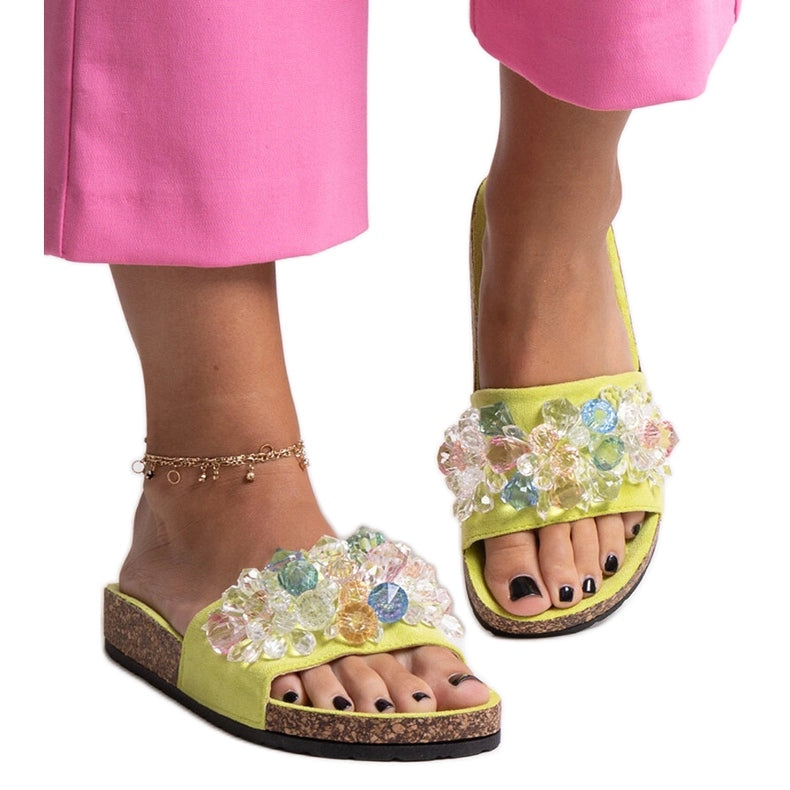 Ladies Cork Sandals Multicoloured Design - Lime Green