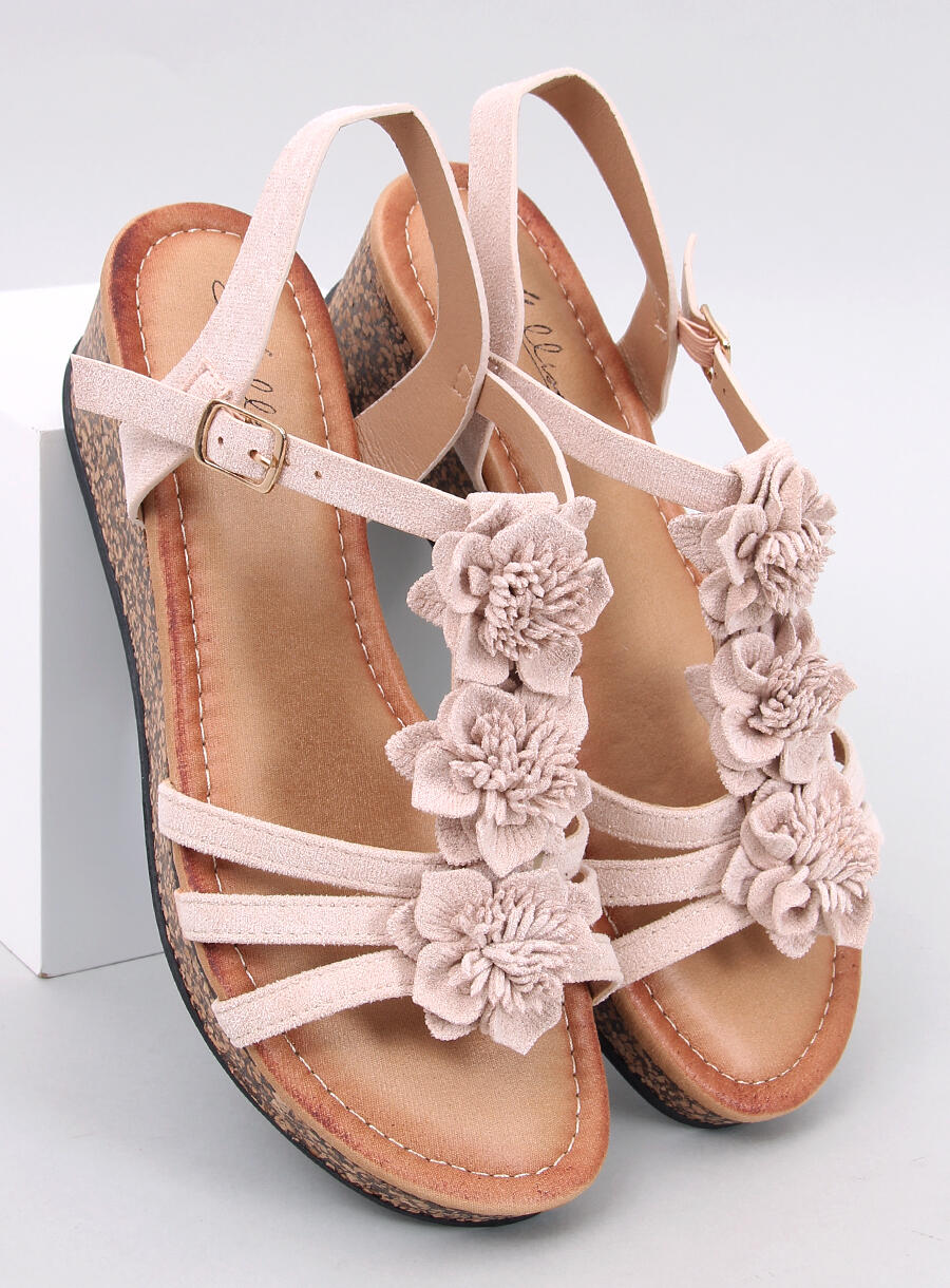 Ladies Beige Floral Sandals with Cork Wedge