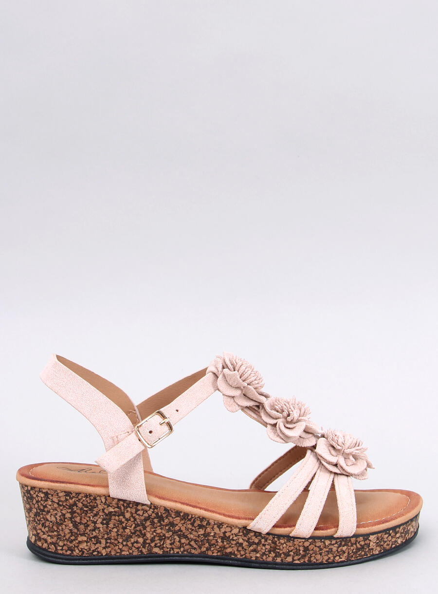 Ladies Beige Floral Sandals with Cork Wedge