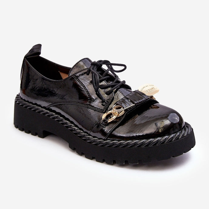 Ladies Flat Black Loafer Lace Up Shoes with Gold Front Buckle Design