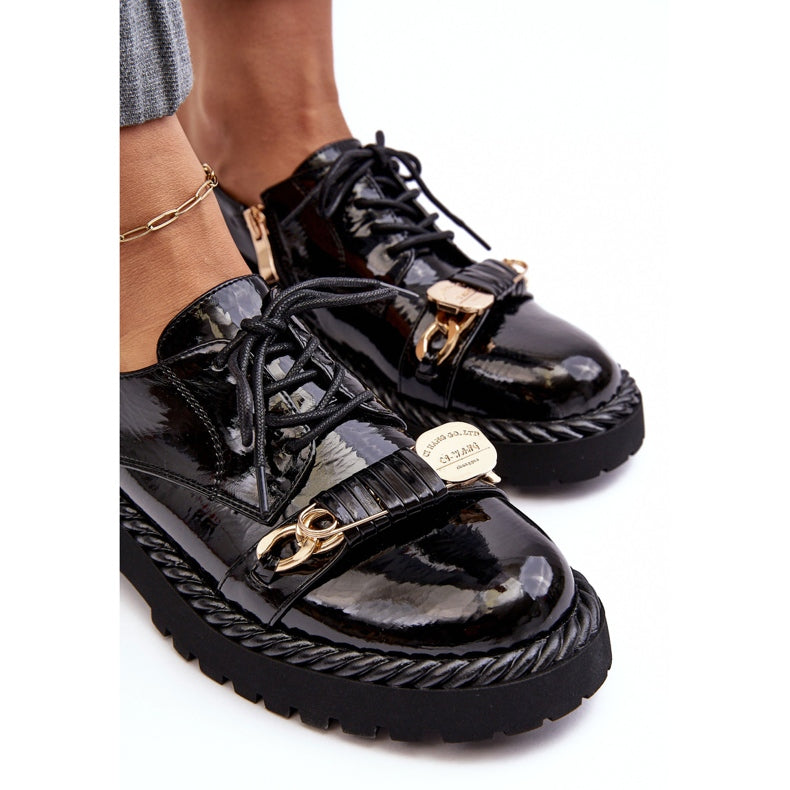 Ladies Flat Black Loafer Lace Up Shoes with Gold Front Buckle Design