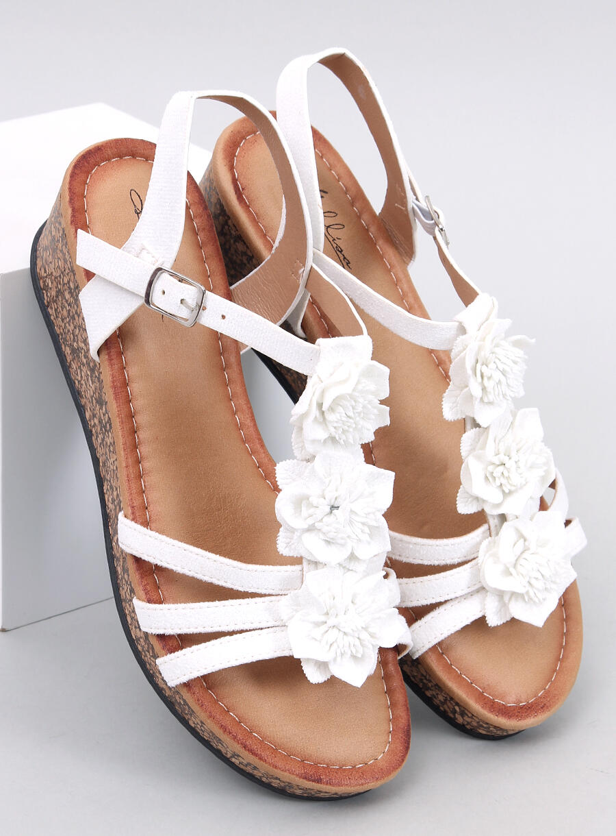 Ladies White Floral Sandals with Cork Wedge