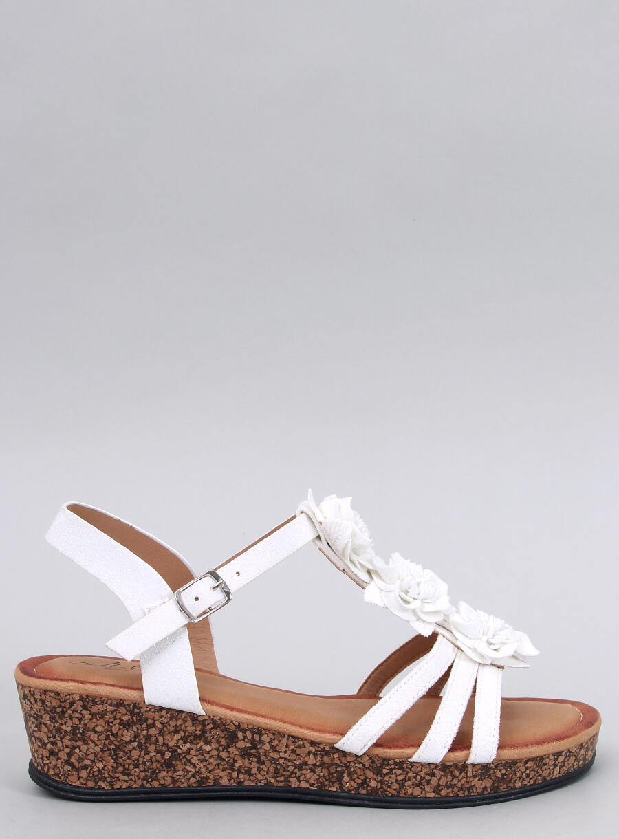 Ladies White Floral Sandals with Cork Wedge