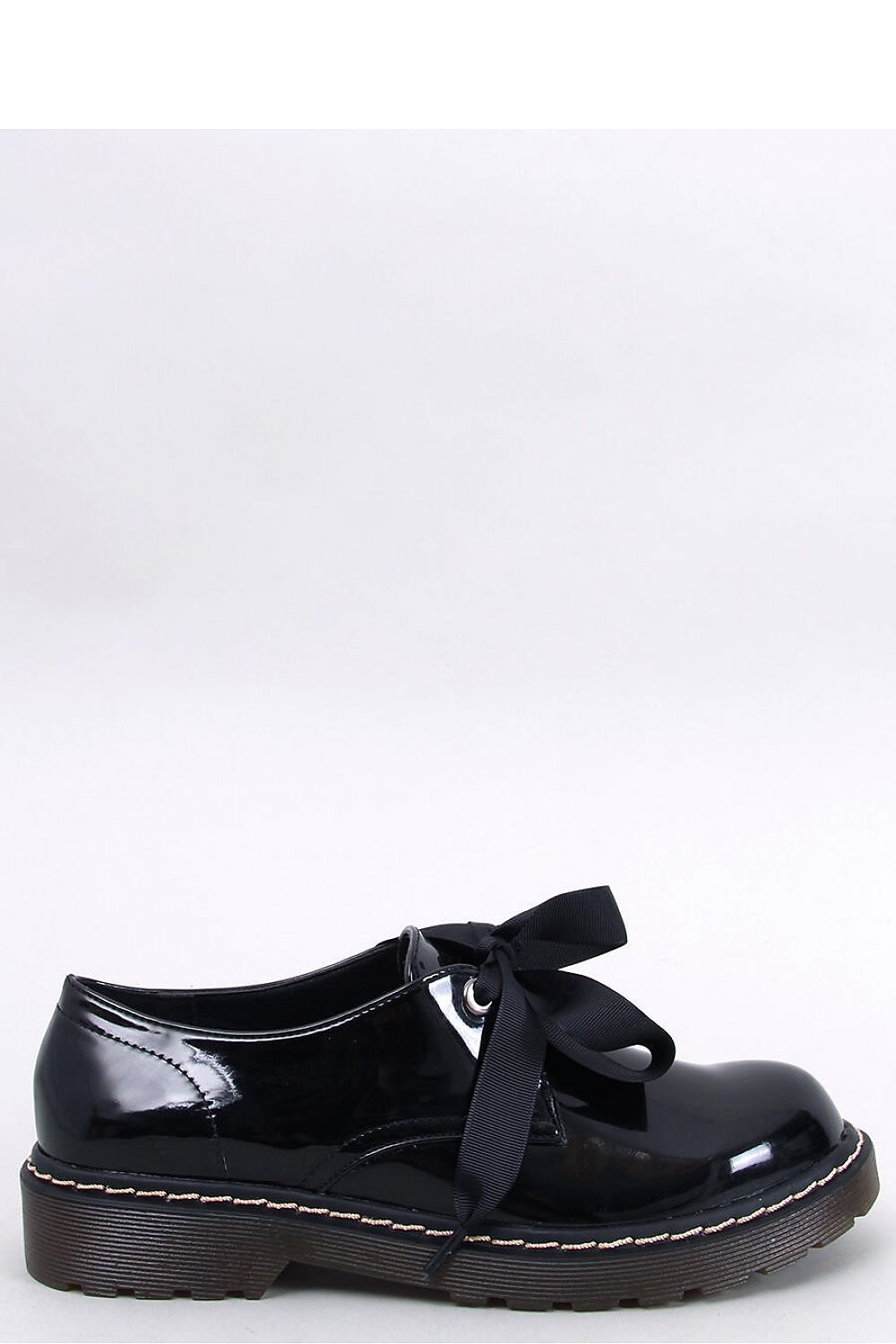 Ladies Black Patent Flat Lace up Shoes with Ribbon Finish Virtuous footwear