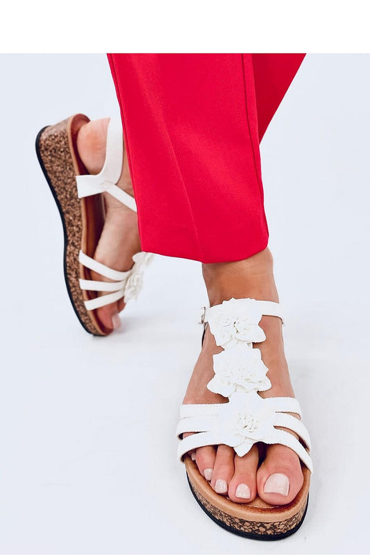 Ladies White Floral Sandals with Cork Wedge