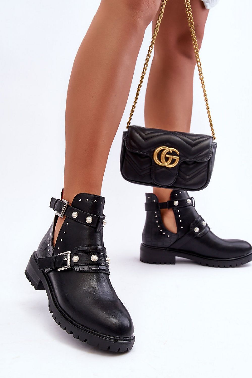 Woman's Black Ankle Boots with Studs and Pearls.