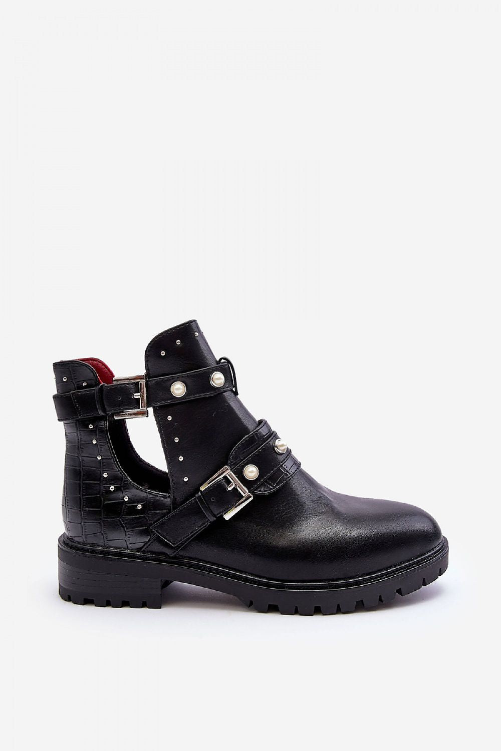 Woman's Black Ankle Boots with Studs and Pearls.