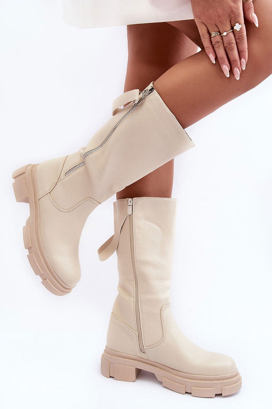 Ladies Beige Chunky Heel Boots