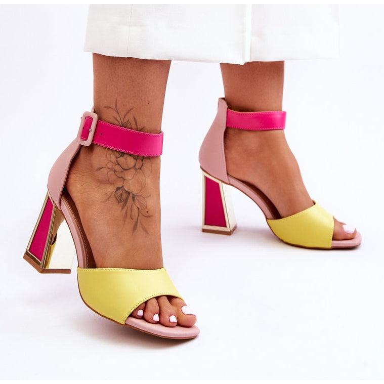 NEW Jessica Yellow 'N' Pink Block Heel Peep Toe Sandals