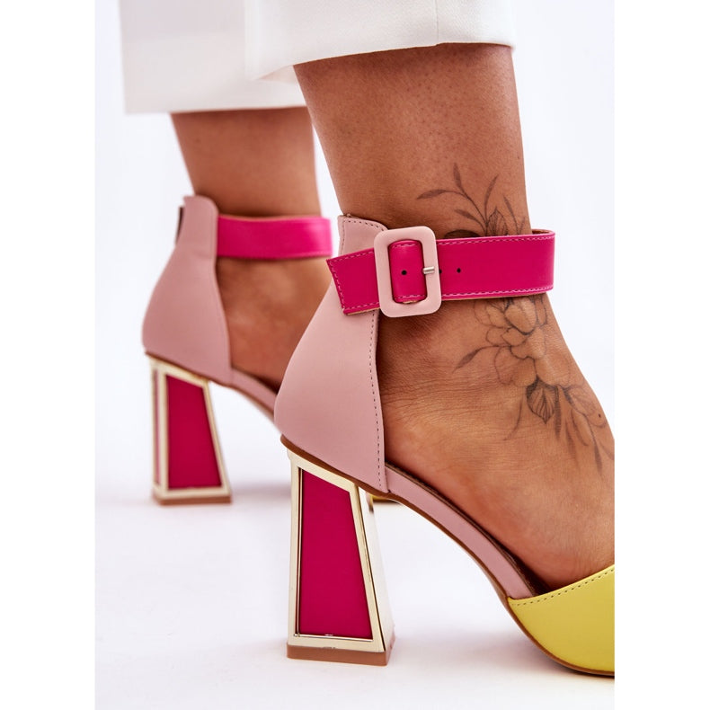 NEW Jessica Yellow 'N' Pink Block Heel Peep Toe Sandals