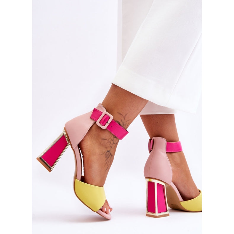 NEW Jessica Yellow 'N' Pink Block Heel Peep Toe Sandals