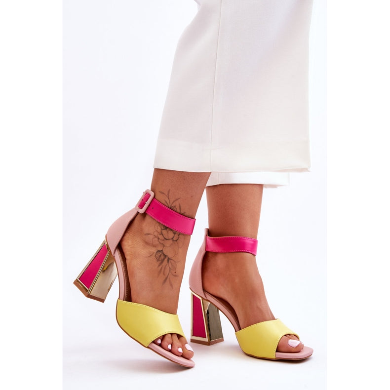 NEW Jessica Yellow 'N' Pink Block Heel Peep Toe Sandals