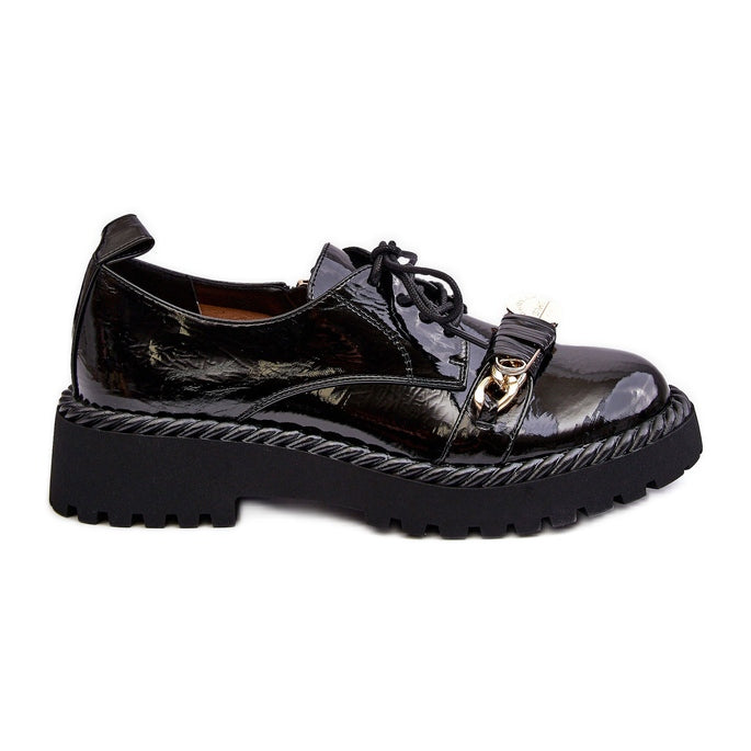 Ladies Flat Black Loafer Lace Up Shoes with Gold Front Buckle Design