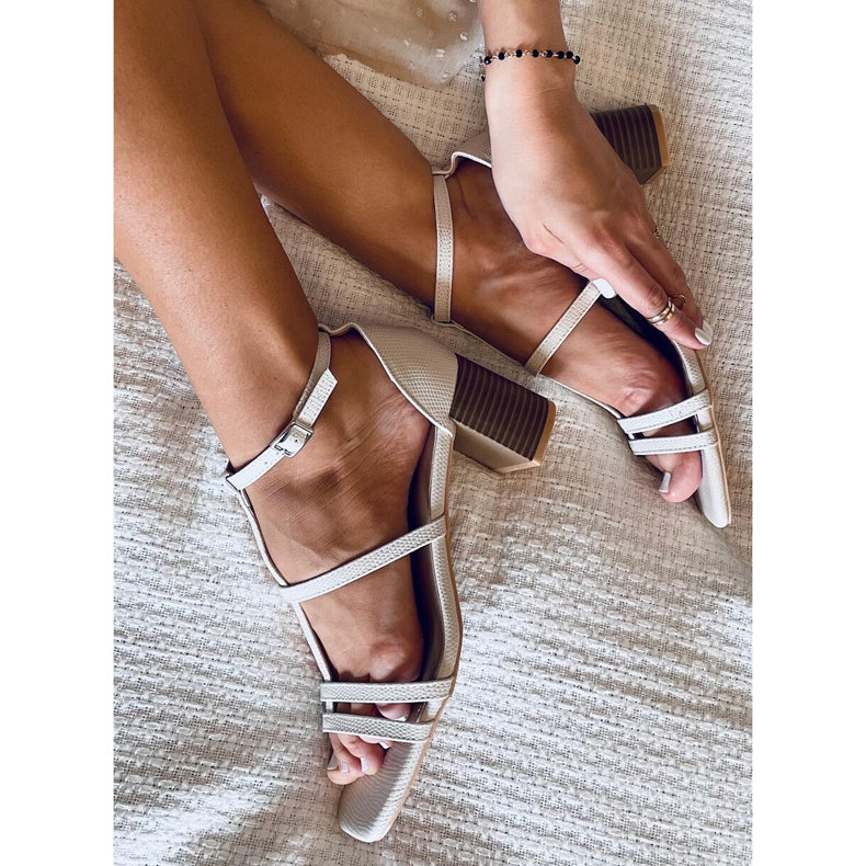 Beige Block Heel Sandals with Wood Effect