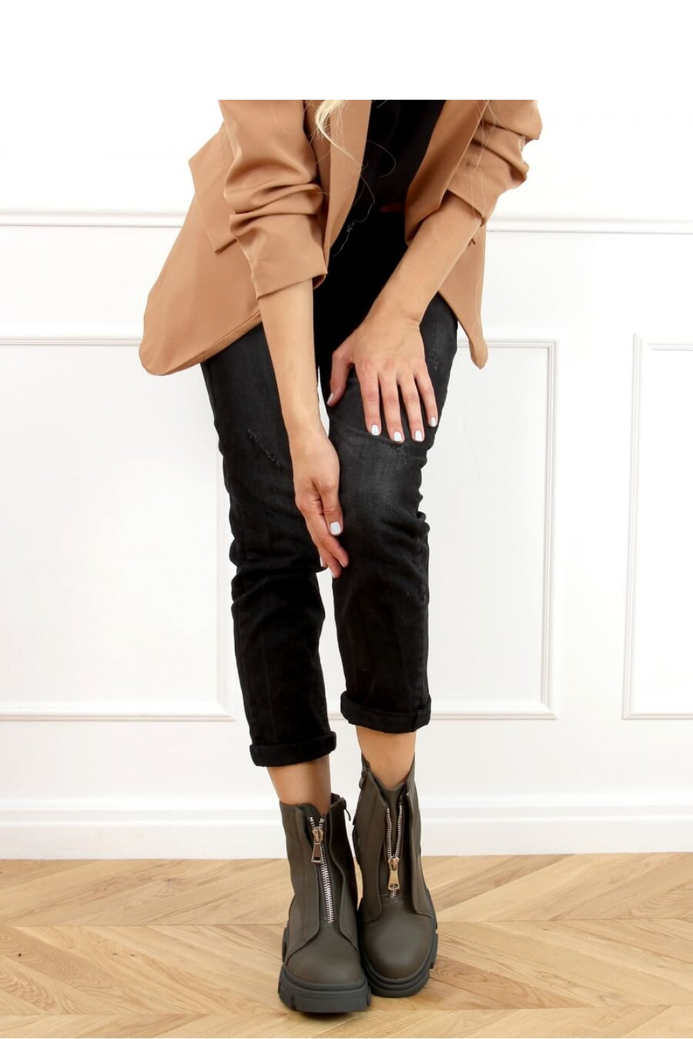 Khaki Zip Front Ankle Boots