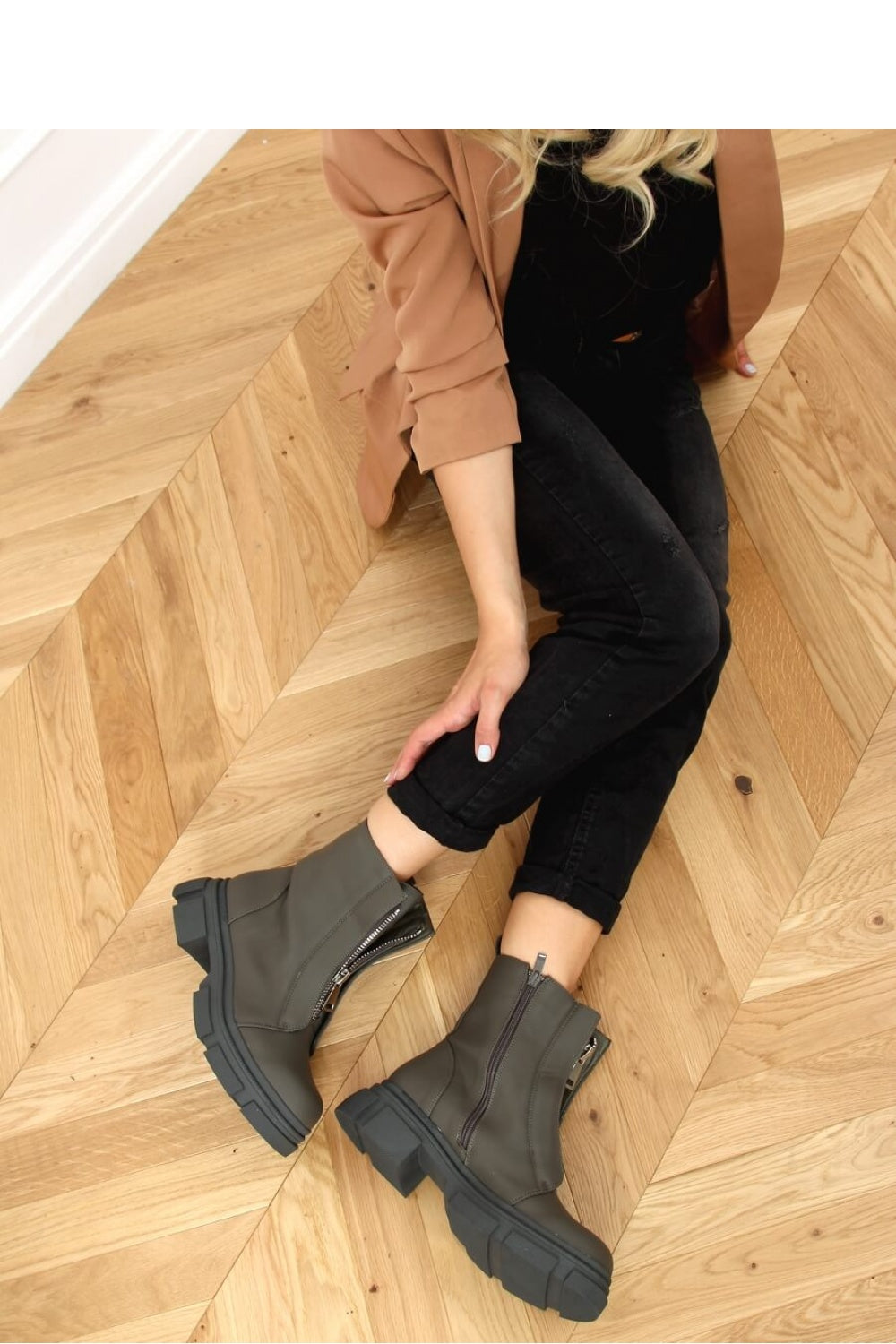 Khaki Zip Front Ankle Boots