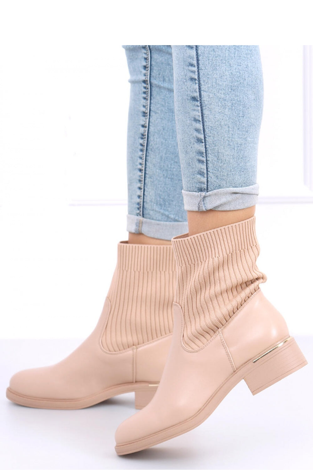 Woman's Nude Ankle Boots with Gold Trim