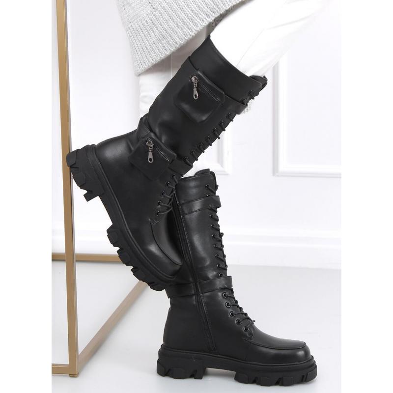 Women's black  lace up boots stylish boots with a high sole and pockets