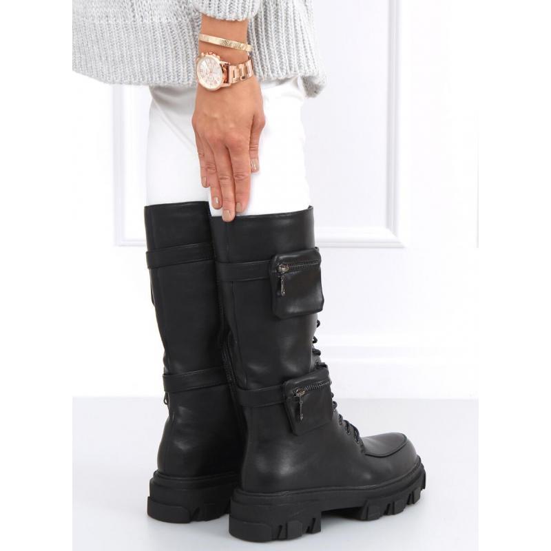 Women's black  lace up boots stylish boots with a high sole and pockets