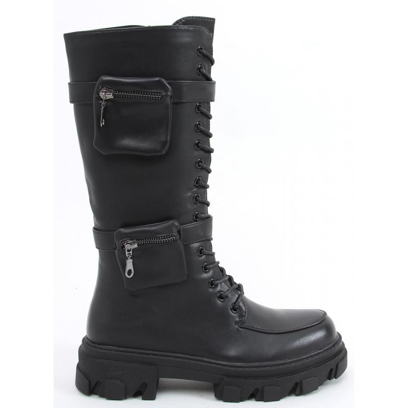 Women's black  lace up boots stylish boots with a high sole and pockets