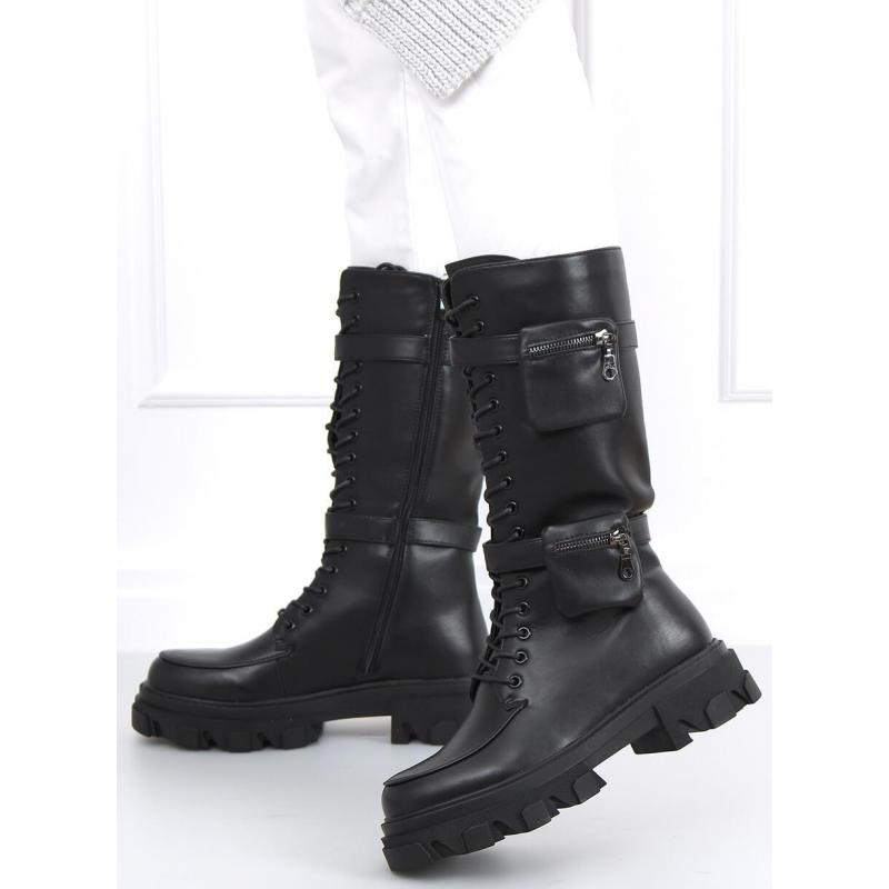 Women's black  lace up boots stylish boots with a high sole and pockets