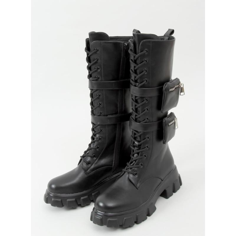 Women's black  lace up boots stylish boots with a high sole and pockets