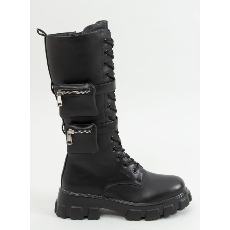 Women's black  lace up boots stylish boots with a high sole and pockets